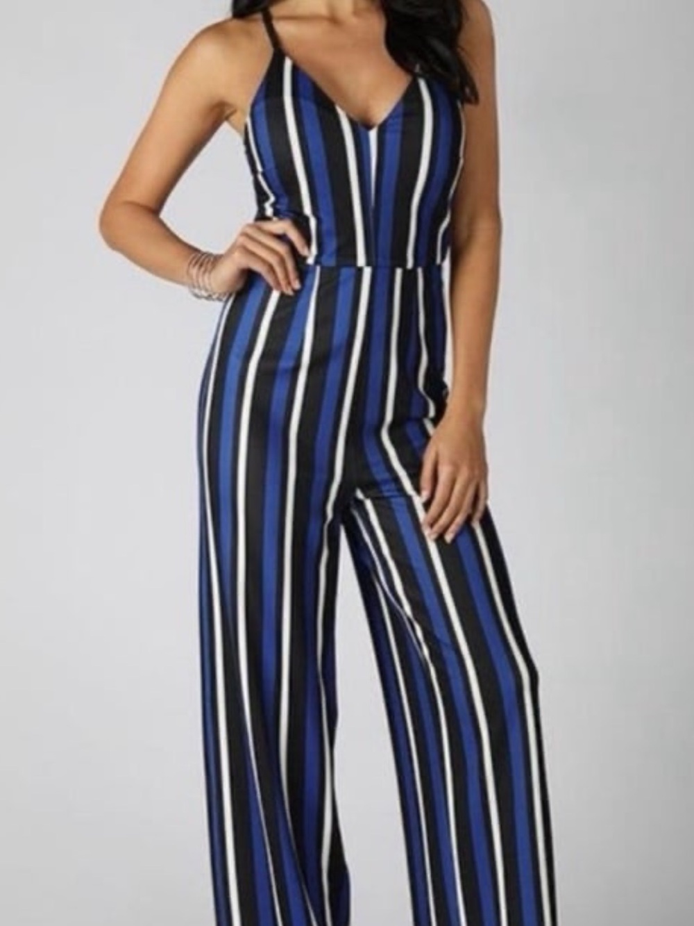 Striped Blue V-Neck Wide-Leg Jumpsuit